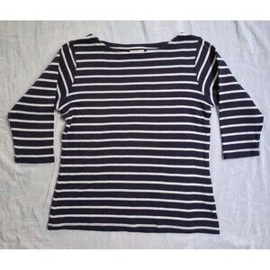 LL Bean Navy White Striped Boat Neck 3/4 Sleeve Shirt Nautical Women's Size M